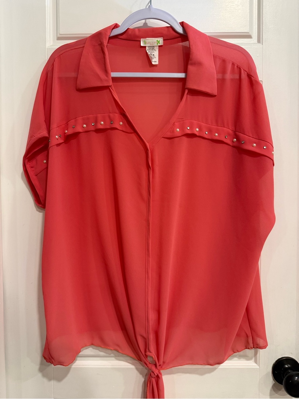 Check It Out Plus 3XL Coral Sheer Blouse Pearl Rhinestone Tie Front Top